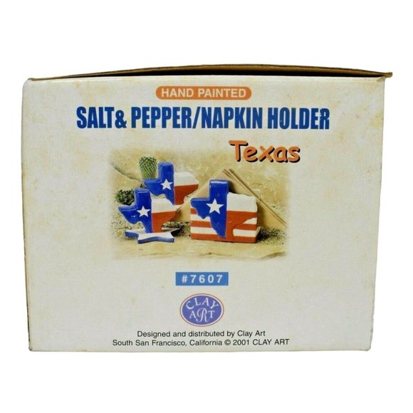 Clay Art Texas Flag Salt and Pepper with Napkin Holder Set Hand Painted - Picture 9 of 11